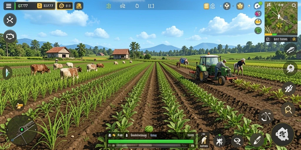 Gameplay GT777 menampilkan suasana pertanian yang aktif dan interaktif.